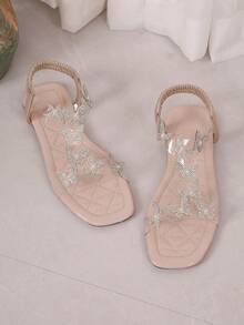 Teen Glitter Butterfly Ankle Strap Flats - Crystal & Pearl Dressy Sandals - Beige - View 10
