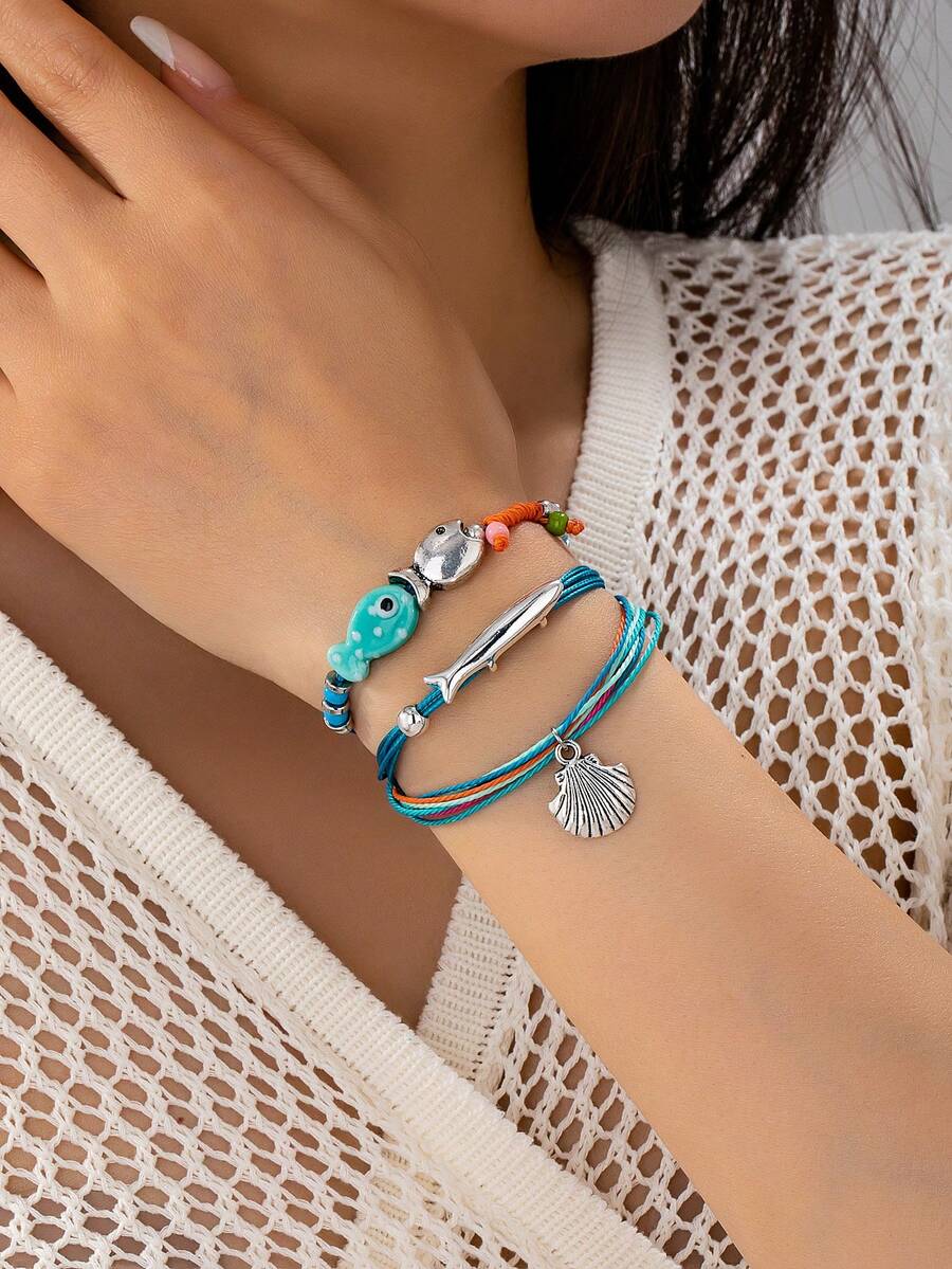 Bộ 3 vòng tay phong cách Boho Bohemian mùa hè cho nữ, vòng tay dây thừng nhiều lớp với mặt dây hình cá và vỏ sò, trang sức thủ công hình cá bằng gốm sứ lấy cảm hứng từ lướt sóng (màu dây được chọn ngẫu nhiên). - Nhiều màu - Xem 1
