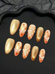 LIVENTO 10pcs Acrylic Handmade Press On Nails With Almond Shape, Featuring Champagne Cat Eye Effect And Delicate Pearl Accents. Handmade Press On Nails Perfect For Ladies Who Love Hand Painted Nails With Elegant Style. - 香檳色 - 查看 2