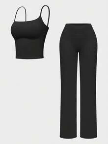 MFVIM 女士运动套装，两件套休闲运动服，露背短款上衣搭配宽松阔腿裤，轻盈透气面料，四向弹力，适合休闲、户外、跑步、骑行、瑜伽、普拉提、健身房锻炼等场合，纯色设计，女士必备健身装备。 - 黑色 - 查看 1