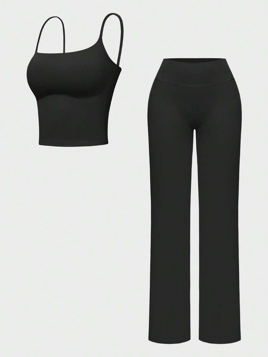 MFVIM 女士运动套装，两件套休闲运动服，露背短款上衣搭配宽松阔腿裤，轻盈透气面料，四向弹力，适合休闲、户外、跑步、骑行、瑜伽、普拉提、健身房锻炼等场合，纯色设计，女士必备健身装备。 - 黑色 - 查看 1