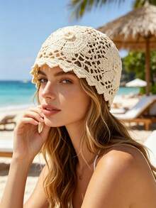 1pc Crochet Lace Sunflower Handmade Hollow Breathable Boho Crochet Hat, Suitable For Spring/Autumn, Beach Travel And Daily Wear - Knitted Hat - View 3