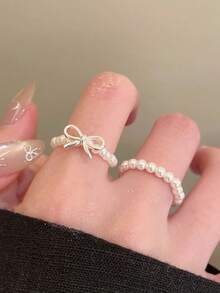 一套白色时尚百搭优雅可爱小众高端蝴蝶结仿珍珠戒指，适合女性日常、节日、派对佩戴 - 戒指三件套 - 查看 4