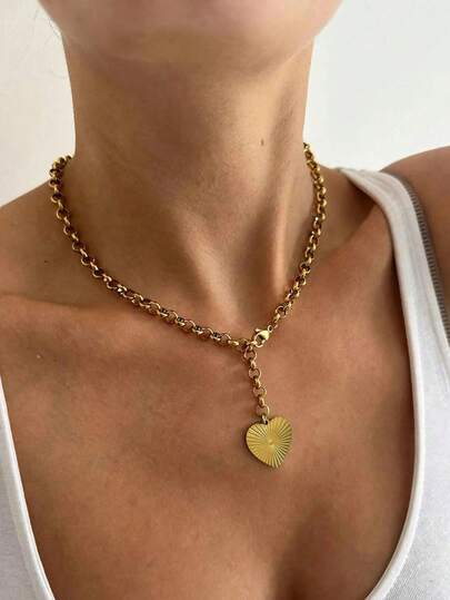 1pc Stainless Steel Necklace For Women Gold Heart-Shaped Pendant Necklace Versatile Thick O-Shaped Chain For Women Gifts