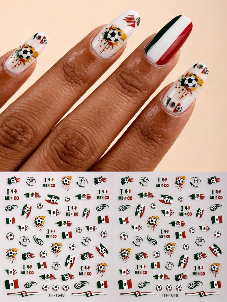 2pcs Mexico World Cup Football Themed Nail Stickers, Spring/Summer Energetic Football Nail Art, Perfect To Support Your Favorite Team, Best Choice For DIY Manicure - Multicolor - View 1