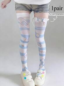 STAR RIVER 1Set Subculture Stockings: Blue Striped Thigh-High Socks+Heart Wing Leg Decor Cute Anime Print Knee Socks, Lolita Cosplay Y2K - Multicolor - View 8