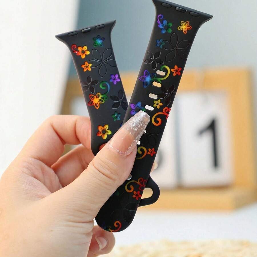 女士彩虹花卉雕刻软硅胶运动表带,兼容 38mm 40mm 41mm 42mm 44mm 45mm 49mm,S10 42mm 46mm,适用于 Ultra 2/1 SE Series 11 10 9 8 7 6 5 4 3 2 1,可爱时尚表带,完美礼物 - 彩虹-2 - 查看 1
