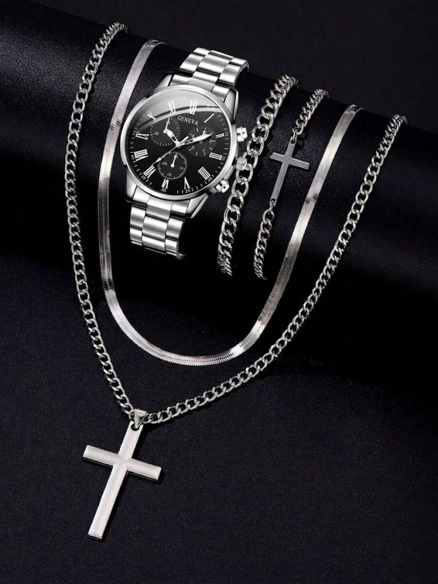 5PCS Men's Quartz Watch Bracelet Necklace Jewelry Set, Business Retro Minimalist Roman Dial For Daily Wear, Party Decoration Or Father's Day Anniversaries, Birthdays, Various Festive Gifts For Friends And Fathers - Multicolor - View 1