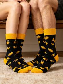 两双情侣袜，黑黄相间意大利面图案，个性化趣味休闲袜，四季皆宜 - 彩色 - 查看 7