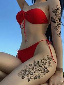2pcs Black Dragon & Rose Flower Temporary Tattoo Stickers, Waterproof Realistic Tattoo Decals For Women's Arms, Legs, Suitable For Parties, Music Festivals - Black - View 3