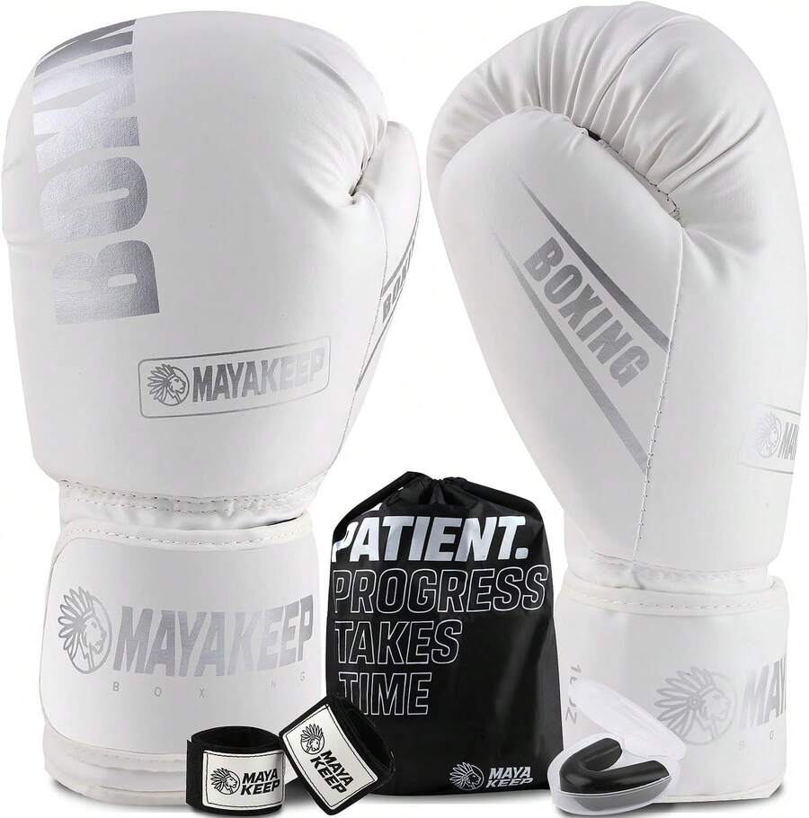 Guantes de Boxeo Profesionales 8-18 oz para Hombres y Mujeres - Incluye Protector Bucal + Vendas + Bolsa de Almacenaje - para Entrenamiento, Muay Thai y Sparring Ajustable - Blanco - Ver 1
