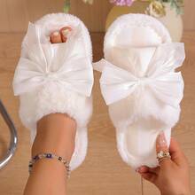 Dép lê lông xù kẻ sọc có nơ, dép lê đôi thời trang trong nhà dành cho nữ. - Rượu sâm banh - Xem 4