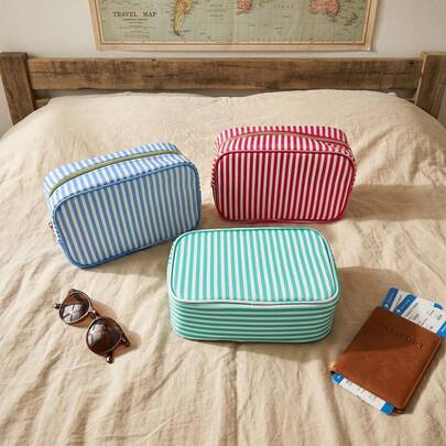 Striped Cosmetic Bag, Large Capacity Portable Toiletry Bag, Outdoor Travel Storage Pouch, Interior Zipper Pocket Design, Pen Holder, Suitable For Travel Organization, Home Storage, Perfect Holiday Gift