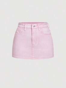 MOD Women Casual Short Denim Skirt With Bow Decor - 淺粉色 - 查看 2