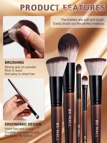 BS-MALL 12件套木柄化妆刷套装，包含遮瑕刷、粉底刷、腮红刷、眉刷、高光刷，附赠咖啡色刷包和2个咖啡色化妆海绵，是送给女性/女友的完美化妆刷套装礼物 - 紅木色 - 查看 4