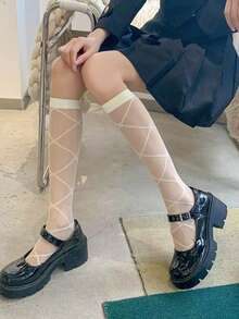 一双薄款女士黑白经典中筒袜，高筒袜，日式JK风格过膝袜，洛丽塔长袜，黑色丝袜 - 彩色 - 查看 3