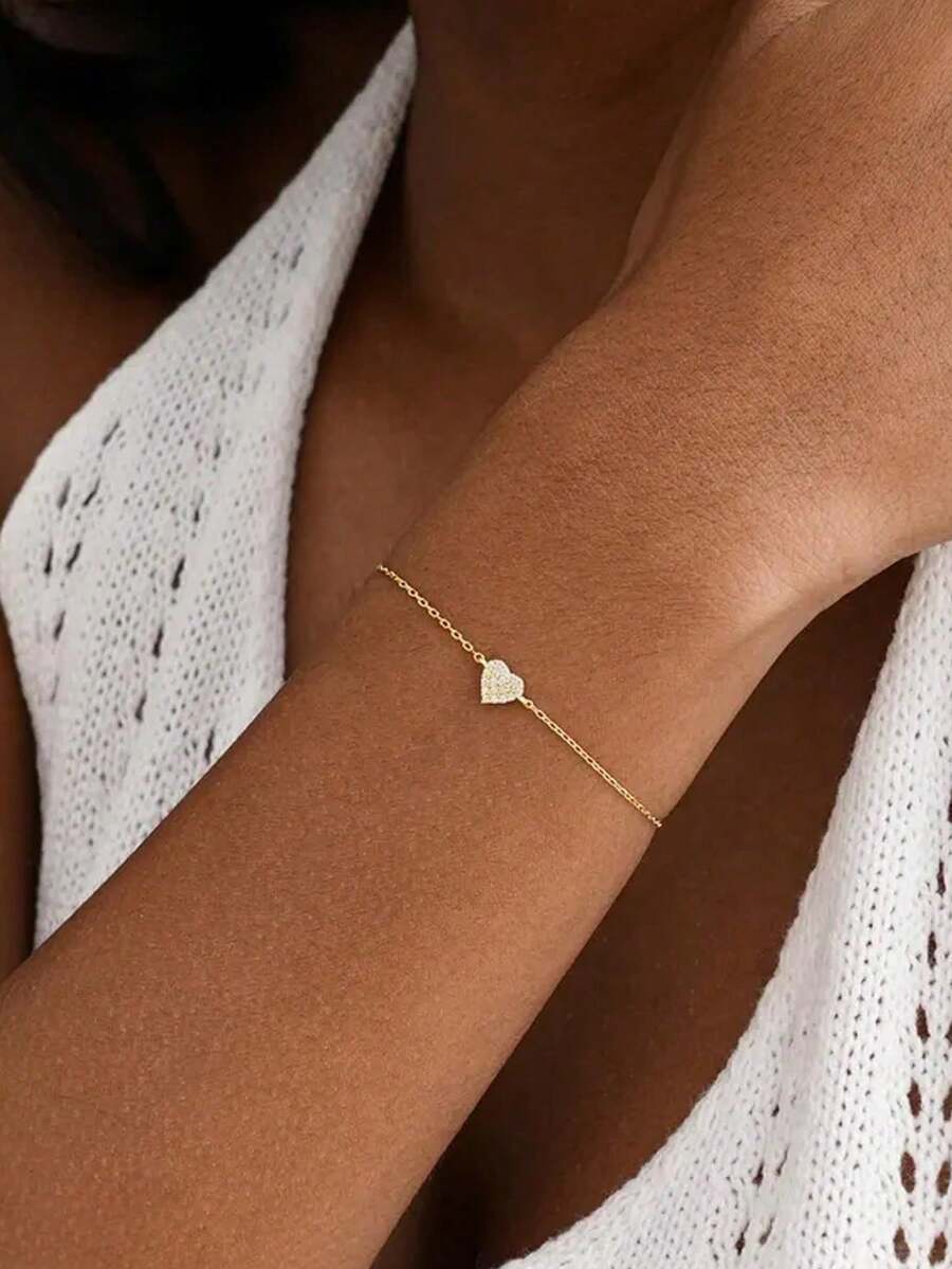 1 chiếc vòng tay hình trái tim mạ vàng thời trang, đính đá toàn bộ, kiểu dáng tối giản, tinh tế dành cho nữ. - Vàng - Xem 1