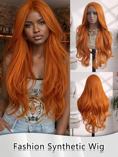 Body Wave Hair Wig Orange Color Canter Parting Wigs No Bangs Wigs 26 Inch Long Synthetic Wig 26 Inch Long High-Temperature Fiber Wig - Orange Curly Wavy Middle Part Wig For Women -Synthetic Hair, Ideal For Cosplay And Daily Use Suitable For Ladies And Girls, Daily Parties, Halloween Fashion Wig High Quality For Women Natural Looking Good Quality Synthetic Soft Beginner Friendly Wigs High-Temperature Fiber Wig Made For Everyday Party Use