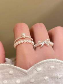 一套白色时尚百搭优雅可爱小众高端蝴蝶结仿珍珠戒指，适合女性日常、节日、派对佩戴 - 戒指三件套 - 查看 2