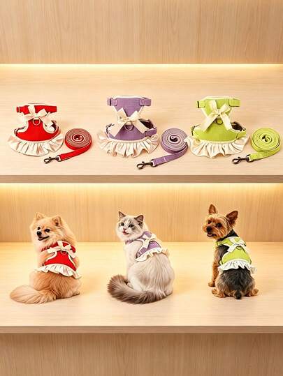 1件装/公主风宠物胸背带，带蝴蝶结和荷叶边装饰 - 透气华夫格面料 - 可调节尺寸 - 适合小型犬和猫