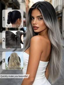 WIGGAGA 夏季时尚灵感 女士度假穿搭 情人节夏季穿搭 24英寸夹式直发接发，渐变灰色，适合扎马尾辫、音乐节、派对、角色扮演、节日、四季皆宜 - 漸變灰色 - 查看 4