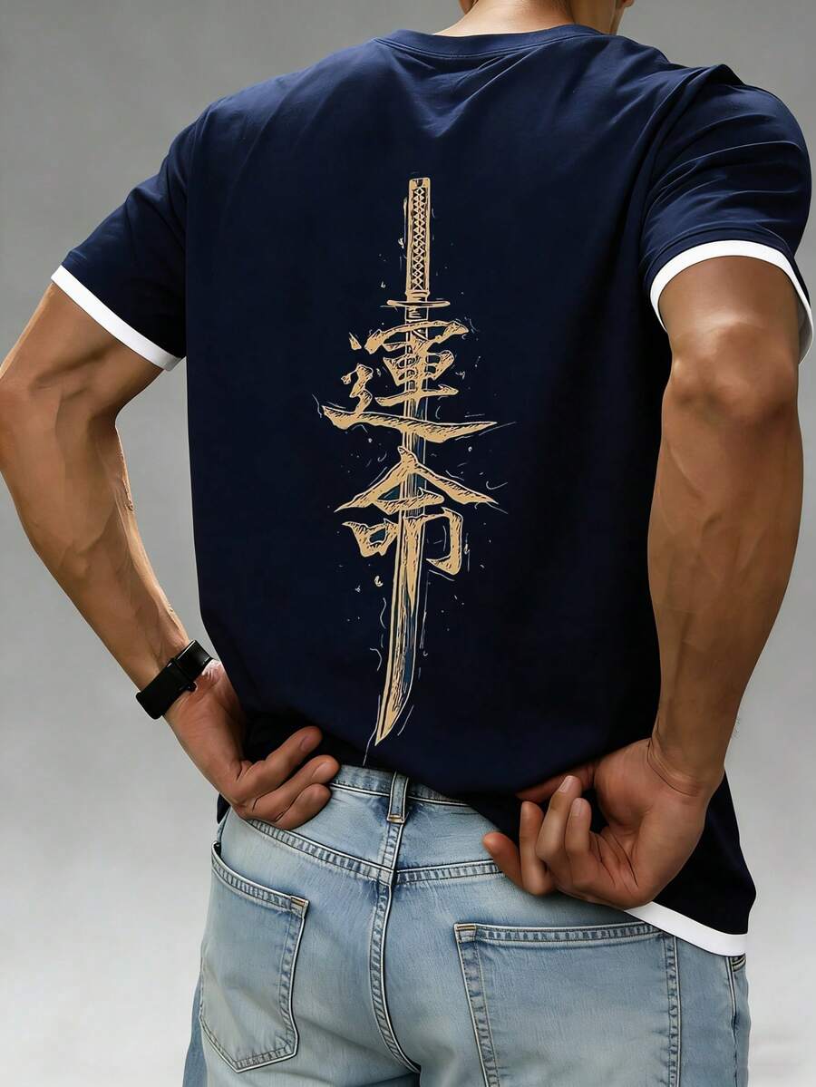 Kaos Lengan Pendek Leher Bulat Kasual dan Nyaman dengan Motif Takdir, Serbaguna untuk Musim Panas - Navy Blue - View 1