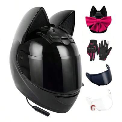 Casco Para Moto Mujer Con Bluetooth, Certificación DOT, Diseño Con Orejas De Gato, Ligero y Cómodo, Ideal Para Motociclistas