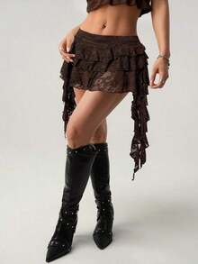 ICON Low Waist Casual Lace Wave-Trim Skirt With Safety Shorts To Prevent Exposure, For Vacation,Bohemian Clothes - 棕色 - 查看 3
