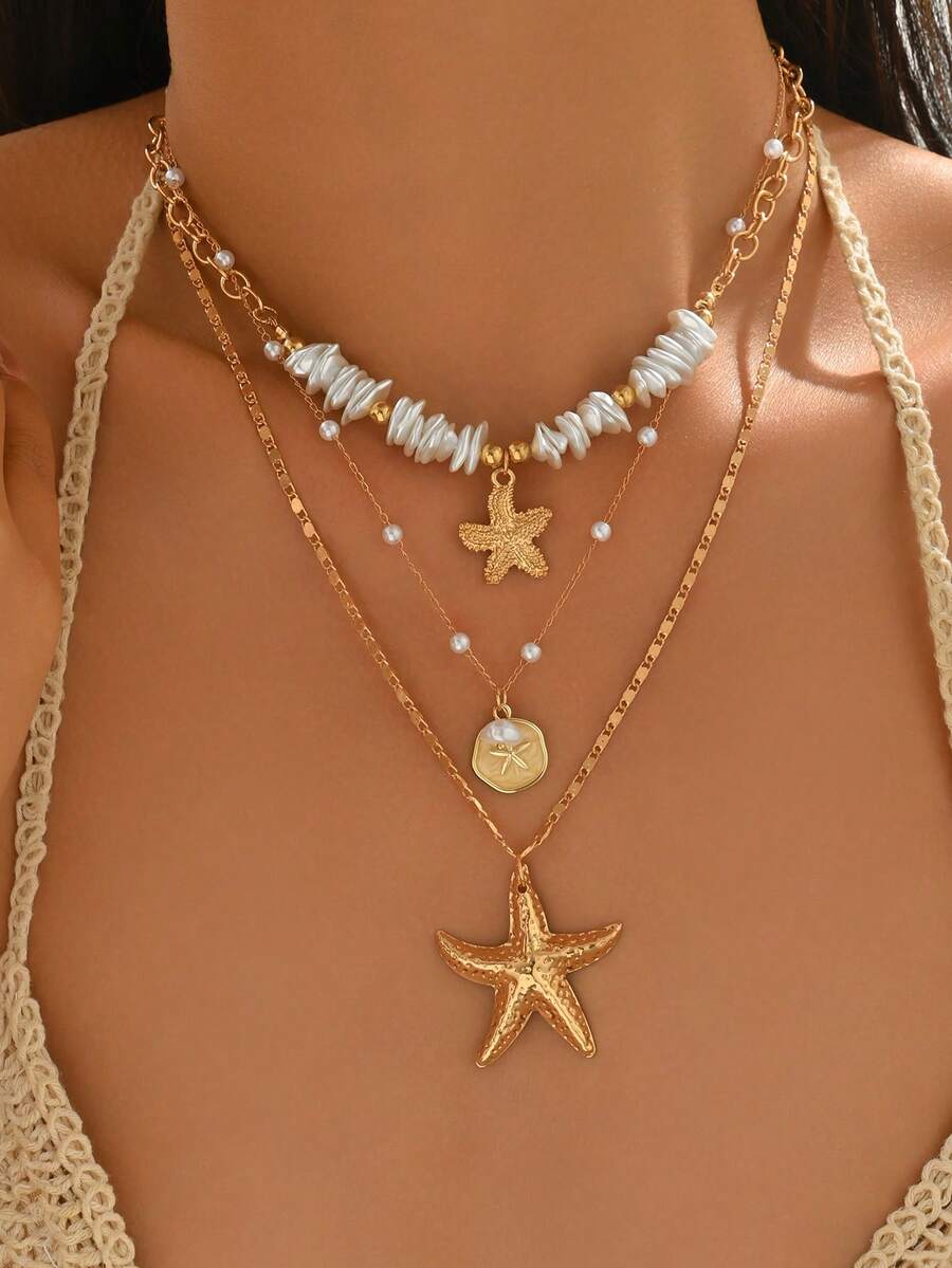 1 chiếc vòng cổ nhiều lớp hình sao biển phong cách Bohemian dành cho nữ, vòng cổ vàng đính ngọc trai giả không đều, trang sức chủ đề đại dương mùa hè, thích hợp cho kỳ nghỉ biển. - Vàng - Xem 1