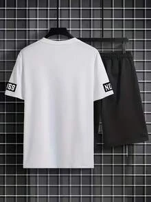 Men's White T-Shirt And Athletic Shorts Set, Featuring A Prominent Letter Print Design And B Pattern - White - View 8
