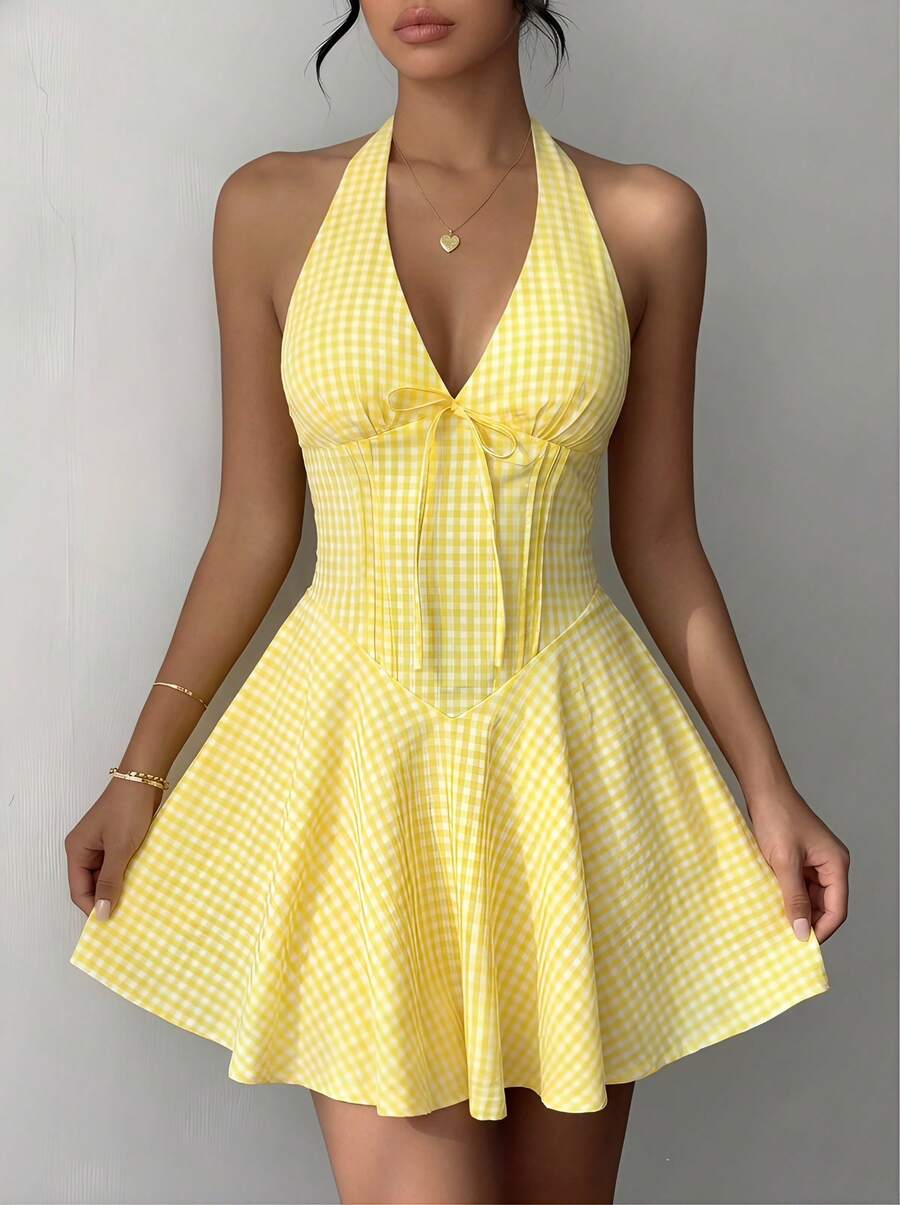 Soulscape Petite Women's Elegant Spaghetti Strap Mini Dress, Deep V-Neck Design With Adjustable Tie Back, Fitted A-Line Silhouette, Suitable For Summer Garden Parties, Outdoor Photography, Vacation, And Daily Sightseeing - Yellow - View 1