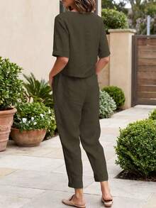 Women's Solid Color Round Neck Casual Long Sleeve T-Shirt And Long Pants 2 Pieces Set Summer - Army Green - View 2
