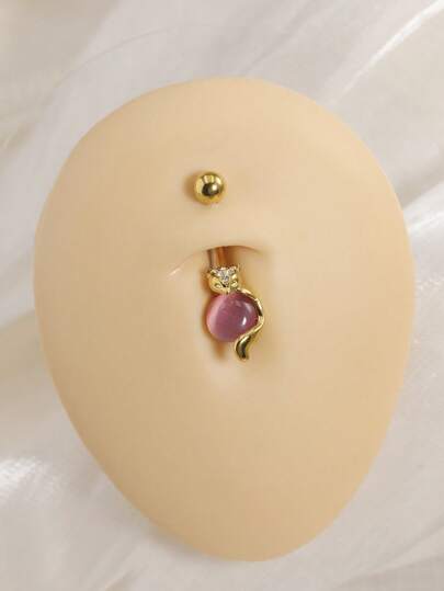 狐狸造型肚脐环，14G粉色蛋白石肚脐穿刺饰品，镀金/镀银，镶嵌立方氧化锆，可爱夏日海滩风情饰品