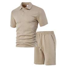 Herren Frühlings-/Sommer-Casual T-Shirt Set, dünner Jacquard Hemdkragen Kurzarm Shorts Anzug - Khaki - Übersicht 3