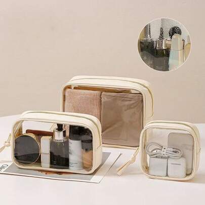 1pc Large Capacity Transparent PU Cosmetic Storage Bag, Women's Portable Travel Makeup Pouch, Unisex Toiletry Bag Essential For Travel
