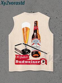 "King Of Beer"Y2K Style Streetwear Men's Tank Top (220g Pure Cotton), Hip-Hop Cyberpunk Style Sleeveless Double-Side Printed Graphic T Shirts, Vintage Pattern Fun Print, Hip-Hop Style, Men's Summer Round Neck Short-Sleeved Casual T-Shirt For The Beach, Summer Streetwear. Holiday Gift. - 杏色 - 查看 3