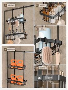 双层悬挂式淋浴置物架，可放置洗发水和香皂，适用于浴室和厨房，防锈，结实耐用，哑光黑，经久耐用，可挂在门上，浴室收纳架，香皂和洗发水架 - 彩色 - 查看 7