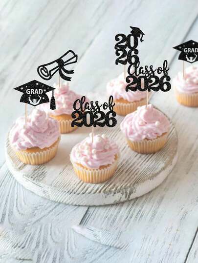 12 chiếc/24 chiếc que cắm bánh cupcake tốt nghiệp năm 2026 lấp lánh, hình bằng tốt nghiệp, mũ tốt nghiệp, phụ kiện trang trí bánh kem chủ đề tốt nghiệp năm 2026 màu đen.