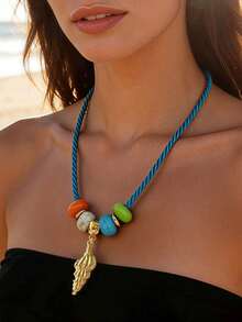 1pc Boho Style Colorful Turquoise Beaded Necklace With Golden Shell Pendant, Suitable For Beach Vacation, Party, Commute, Elegant Jewelry - Multicolor Hailuo - View 5