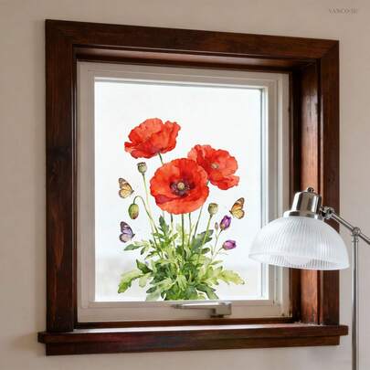 CHAILLY Hình dán tĩnh điện hoa anh túc và cá vàng vẽ màu nước, decal hoa lá trang trí bể cá có thể tái sử dụng cho cửa kính, trang trí mùa xuân và nhà cửa.