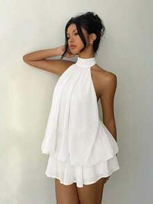 Elegant Women's Mini Dress With Halter Neck And Bow In Light Yellow - White - View 5