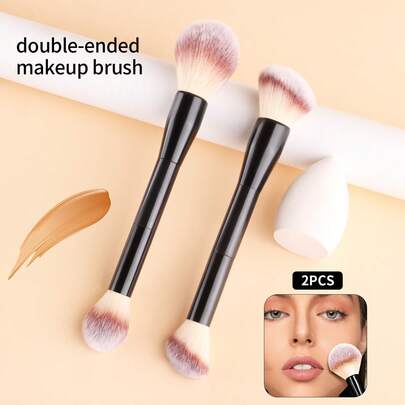 2pcs Double-Ended Powder Brush, Blush Brush, Contour Brush + Makeup Sponge Set, Soft Bristle Makeup Brushes & Tools 3 PiecesSet
