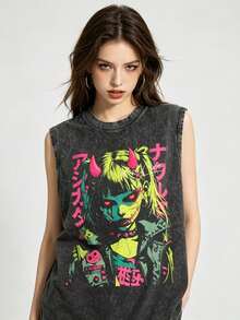 Men's Y2K Acid Wash Distressed Sleeveless Vest - Japanese Anime Demon Girl Graphic With Red Horns, Pink Kanji & 2017 Date Stamp, Super Soft & Breathable Gothic Streetwear Gift Independence Day Father's DayVS003-A - 黑色 - 查看 2