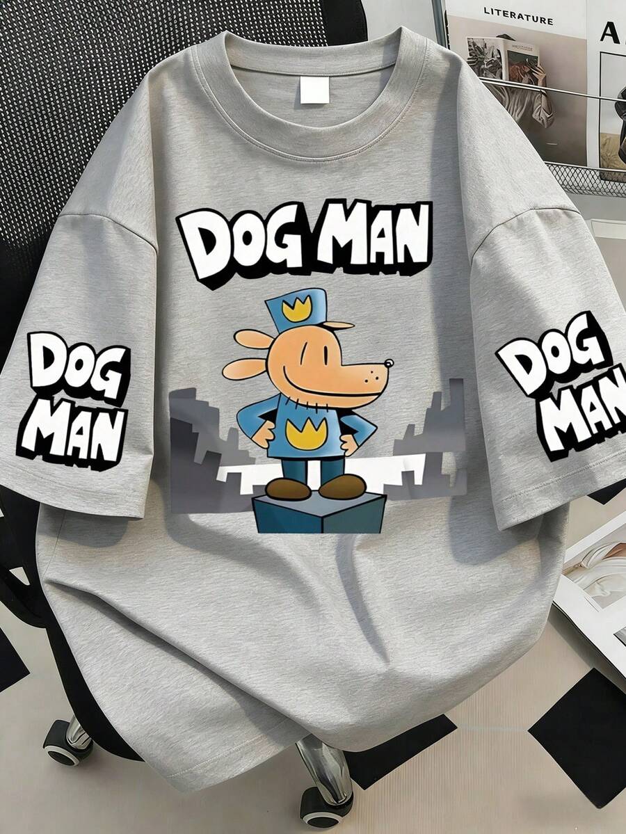 Damen T-Shirt mit Cartoon Hund Charakter Muster, Rundhals, Große Größen, Lässiges Sommer Top, Modischer Ärmelbund Muster, Kurzarm, Geeignet für den Sommer - Hellgrau - Übersicht 1