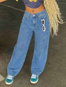 MYOURSA Celana Jeans Wanita Kasual Retro Model Lurus dengan Detail Sobek - Medium Wash - View 4