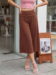 Women's Fold Over Waist Capri Fashionable Casual Solid Color Low Rise Wide Leg Crop Pants - Dark Brown - View 1
