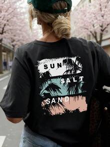 New Summer Women's Minimalist Letter & Maple Leaf Sunset Print Round Neck Dark Grey Short Sleeve T-Shirt, Fashionable & Versatile, Suitable For Women's Casual Daily Wear Vacation Black - Black - View 2