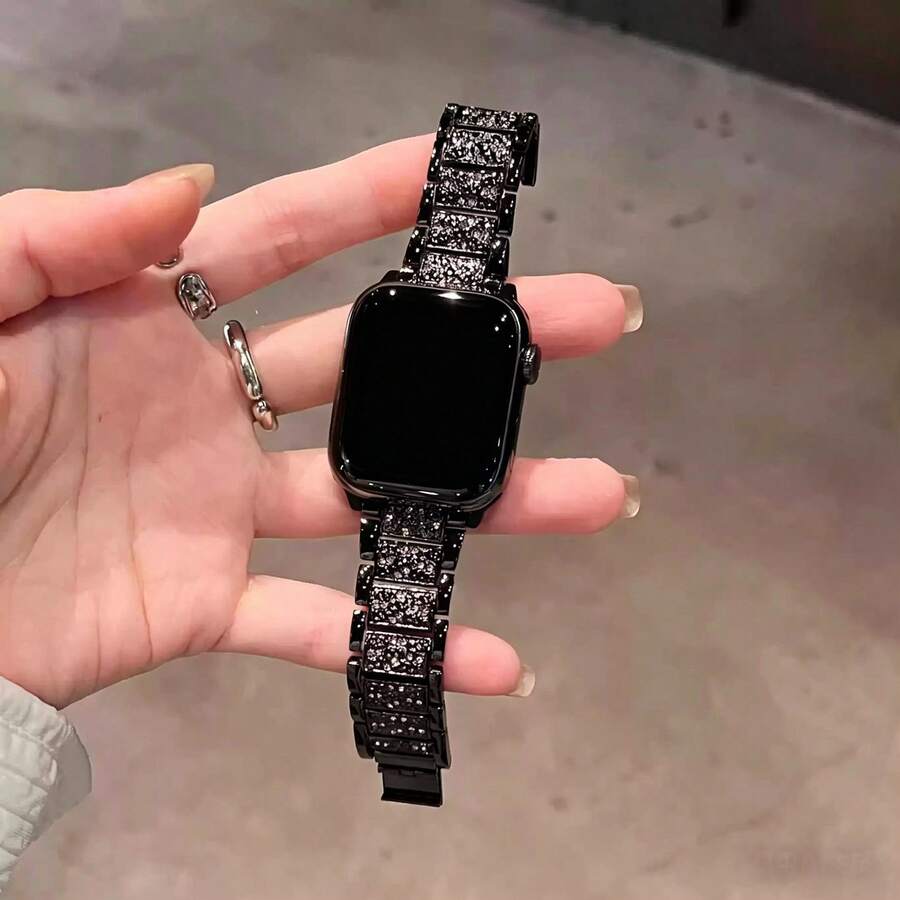 1 chiếc dây đeo đồng hồ , unisex, trang sức thời trang sáng bóng, vòng tay kim loại màu đen, tương thích với Apple Watch 38mm 40mm 41mm 42mm 45mm 46mm 49mm, dòng Watch Series 10/ 9/8/7/6/5/4/3/2/1/SE/Ultra, dây đeo có thể điều chỉnh, dây đeo kim loại thép không gỉ đính kim cương. - màu đen - Xem 1