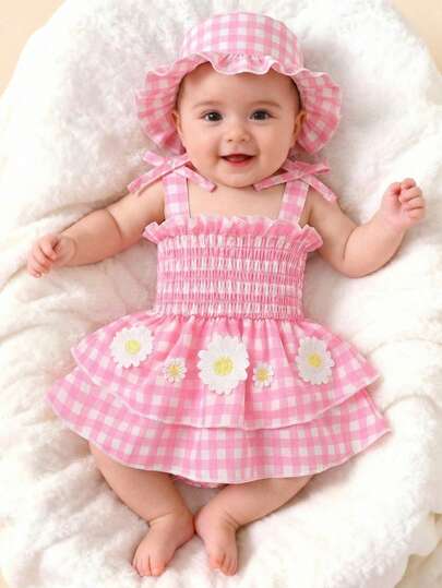 Set de 2 piezas de vestido de Mono con volantes y moño, y sombrero de sol, con estampado floral y a cuadros, para bebés niñas, ropa cómoda y casual, adecuado para uso diario, vacaciones y fiestas