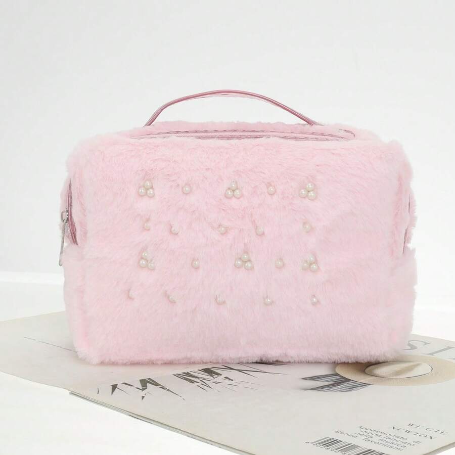 Multineos Comercial Bolsa Estojo Cosmética Fofo Pelúcia Grande Modelo Novo - Rosa chiclete - Visão 1